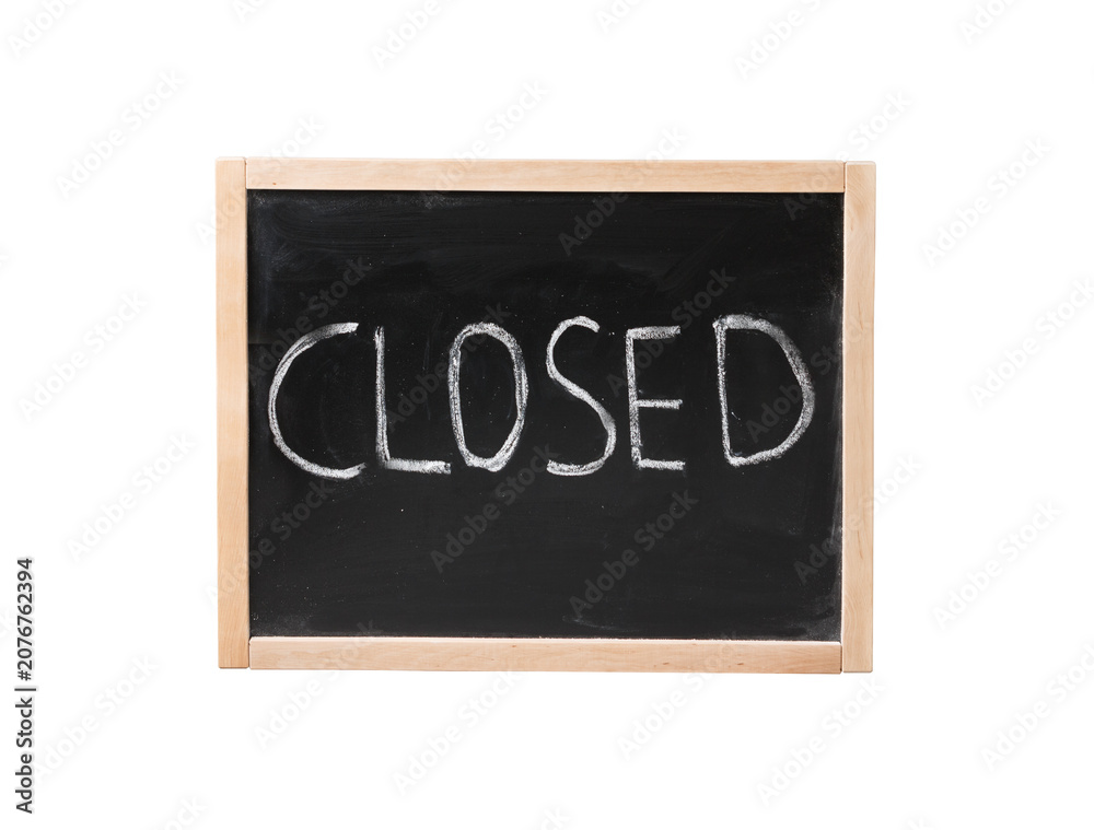 Fototapeta premium Black chalkboard with CLOSE text isolated PNG on transparent background, blank classroom sign for business, education and announcement concepts 