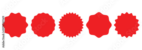 Red price sticker, sale or discount sticker, sunburst badges icon. Stars shape with different number of rays. Special offer price tag. Set of circles with zigzag edges, Sunburst sticker shapes.