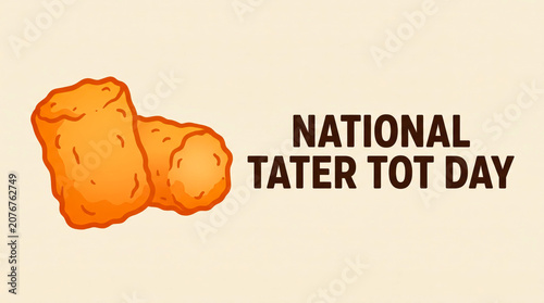 National Tater Tot Day celebration graphic, golden fried potato nuggets on beige background, crispy tater tots snack food illustration for social media