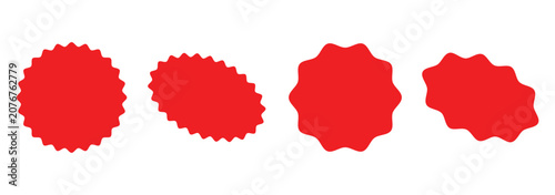 Red price sticker, sale or discount sticker, sunburst badges icon. Stars shape with different number of rays. Special offer price tag. Set of circles with zigzag edges, Sunburst sticker shapes.