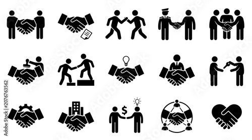 Business cooperation handshake icons set