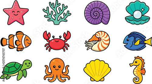 Schilderij op canvas Cute Kawaii Ocean Animals and Sea Life Vector Icon Set with Starfish Crab Clownf