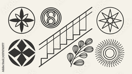 Black and white geometric shapes and patterns on beige background with stairway and plants