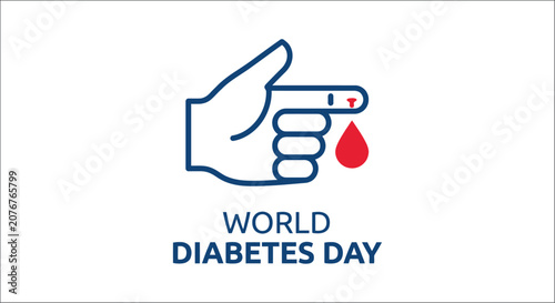 Fotografija Hand holding lancet with blood drop blue line icon on white background for world