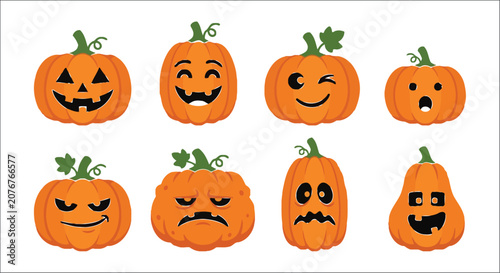 Photos Eight orange pumpkins with various facial expressions vector illustration on a w