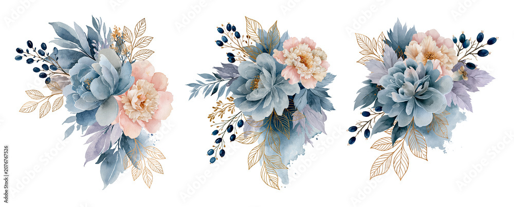 Naklejka premium Elegant watercolor floral bouquet collection featuring dusty blue blooms, blush peonies, navy berries, and delicate gold foliage on a white background, perfect for wedding and stationery designs.