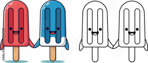 Cute Red and Blue Popsicle Characters Holding Hands Illustration