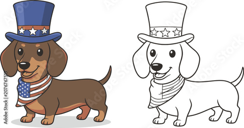 Adorable Patriotic Dachshund Dog with American Flag Scarf and Top Hat