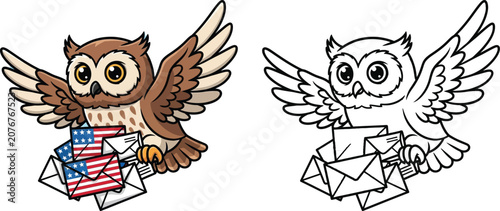 Patriotic Owl Delivering Mail with American Flag Envelopes