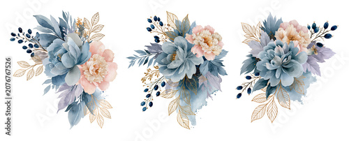 Elegant watercolor floral bouquet collection featuring dusty blue blooms  blush peonies  navy berries  and delicate gold foliage on a white background  perfect for wedding and stationery designs.