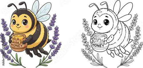 Cute Bumblebee with Honey Pot and Lavender Wreath Illustration
