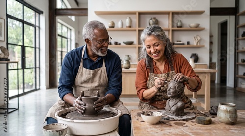 Joyful Pottery Session: An elderly African-American man and a Latina woman enthusiastically engage in a pottery workshop, creating art together in a sunlit studio.