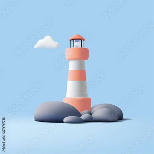 Lighthouse building on a rock 3D. For concepts of marine landmarks, waterfront. Vector illustration.