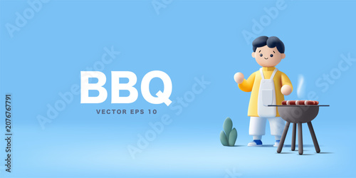 Barbecue banner. Character of a boy chef making barbecue. For concepts of parks, outdoor recreation. Vector illustration.