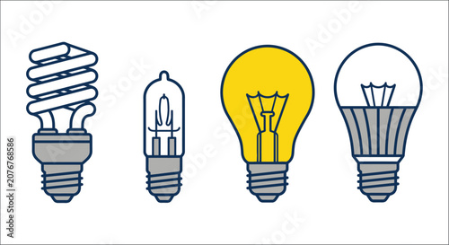 Fotografie Four light bulbs in a row vector illustration with blue and yellow accents bulb
