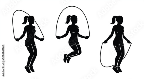 Tableau sur toile Jumping rope silhouettes depicting athletic women in motion against a white back