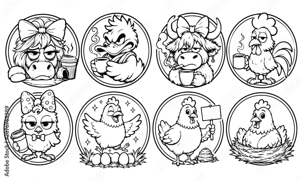 Fototapeta premium Set of funny cartoon chicken characters and farm birds circular emblems line art with character coloring agriculture illustration circular collection lifestyle domestic