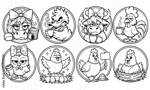 Set of funny cartoon chicken characters and farm birds circular emblems line art with character coloring agriculture illustration circular collection lifestyle domestic
