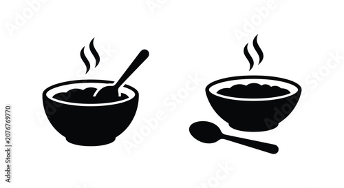 Fotografía Two black silhouette depictions of bowls with steaming food and spoons on a whit