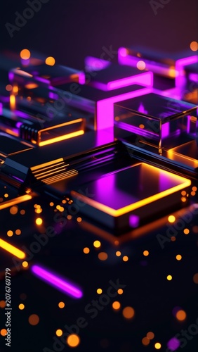 abstract digital art piece appears various geometric shapes lines shapes arranged way creates sense depth dimension colors used predominantly purple pink orange yellow orange dots scattered