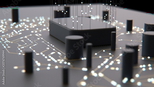 Quadro su tela 3d circuit board data network close-up for ai technology background with gold tr