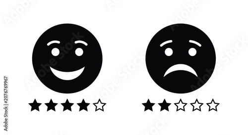 Schilderij op canvas Two facial expression icons with star ratings a black silhouette happy face sad