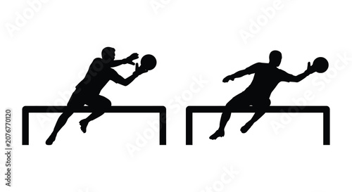 Quadro su tela Two athletes performing a vault over horizontal bars in a black silhouette gymna