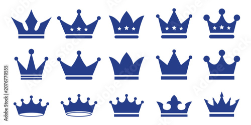 Εκτύπωση καμβά Collection of fifteen royal crown in dark blue on transparent background