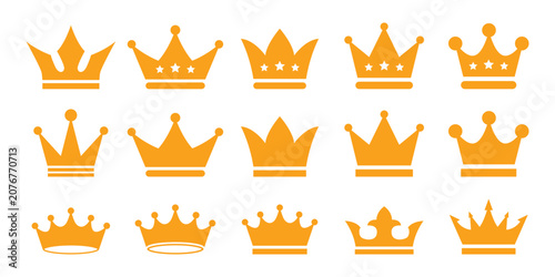 Fotografie Fifteen orange crown set featuring various royal headwear on transparent backgro