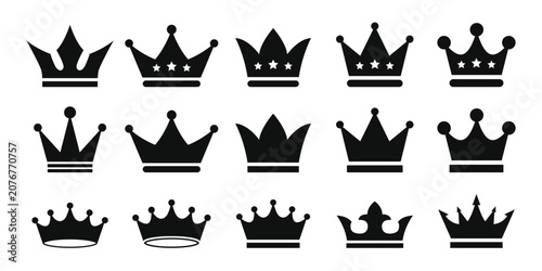 Photos Fifteen black crown set featuring various royal headwear on transparent backgrou