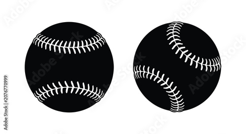 Tableau sur toile Two black baseball silhouettes with visible stitching details against a white ba