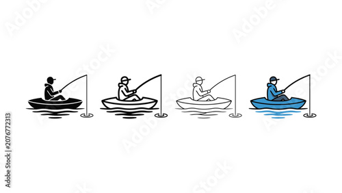 Obraz na plátně Four variations of a fisherman in a boat line art illustration on a white backgr