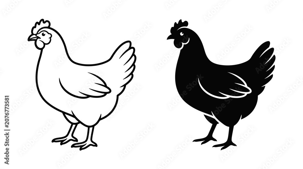 Fototapeta premium Chicken Silhouettes Black And White Line Art Illustration