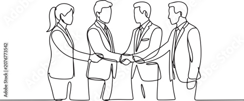 Continuous line drawing of business people shaking hands, professional team cooperation, business partnership, corporate agreement, vector illustration