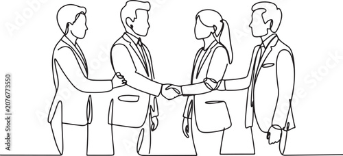 Continuous line drawing of business people shaking hands business partnership, agreement, teamwork, and collaboration concept vector illustration