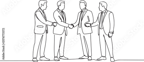 Continuous line drawing of business people shaking hands, professional team cooperation, business agreement, office meeting concept, minimalist vector illustration
