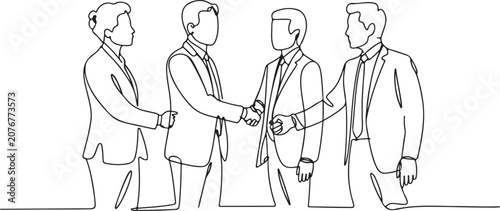 Continuous line drawing of business people shaking hands business team meeting, partnership, agreement, cooperation, collaboration, professional relationship, office work concept