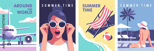 Concept of summer party, vacation and travel. Perfect background on the theme of season vacation, weekend, beach. Vector illustration in minimalistic style for posters, cover art, flyer.