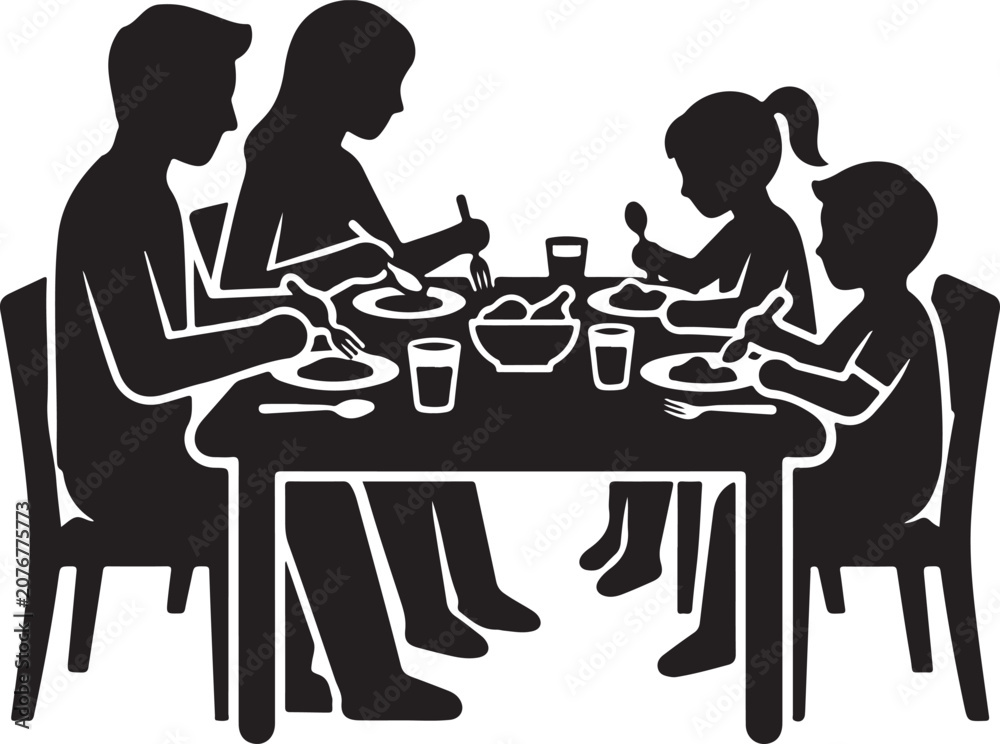 Fototapeta premium Family dinner silhouette with parents and children eating together on a white background