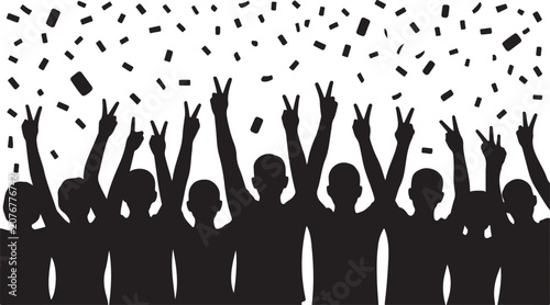 Silhouette of a crowd of people cheering with their hands up in the air with confetti falling