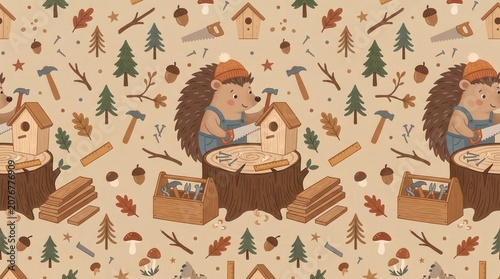 Hedgehog builds a birdhouse with a saw and hammer on a tree stump in a woodland setting