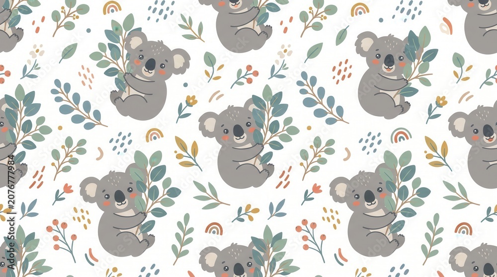 Naklejka premium Sweet seamless pattern shows many cute koalas holding green eucalyptus branches on white