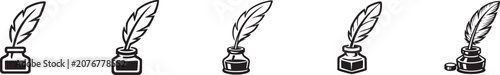 Konstfotografi Feather quill and inkwell icon set with vintage pen, nib and inkstand