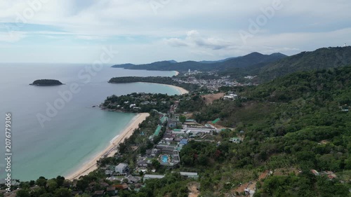 Aerial reverse drone shot revealing Karon Viewpoint Phuket Thailand