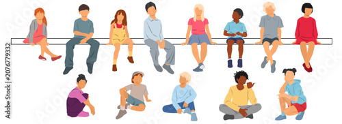 Collection of images of people, children and teenagers sitting on a bench, vector graphics, different colors, cartoon character, silhouettes, design concept in flat icon style, isolated on white