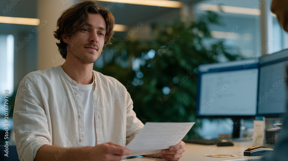Fototapeta premium Nervous first-time passport applicant at government processing bureau holding birth certificate and utility bill stack while clerk cross-checks identity documents on dual monitor