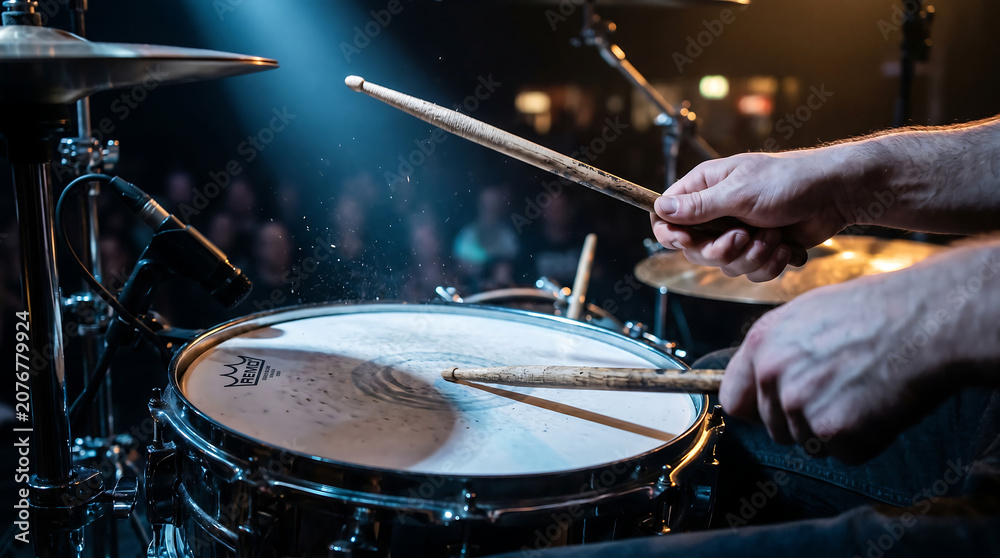 Obraz premium Close up of male hands holding wooden drumsticks striking snare drum with water droplets splashing during live concert performance on stage under blue spotlight