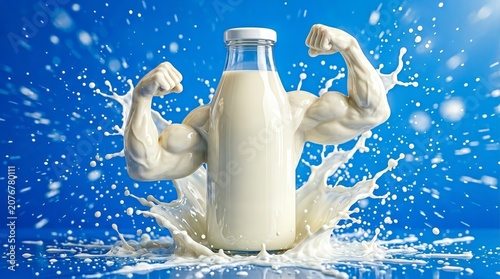 Milk bottle with muscular arms made of milk