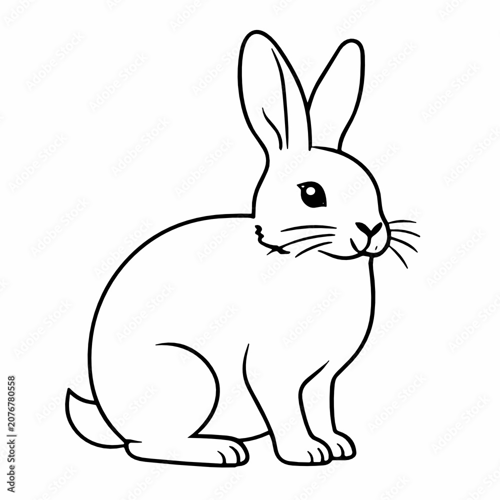 Fototapeta premium Cute black and white outline illustration of a sitting rabbit with long ears and fluffy tail. Bunny coloring page for children, Easter concept and wildlife education.