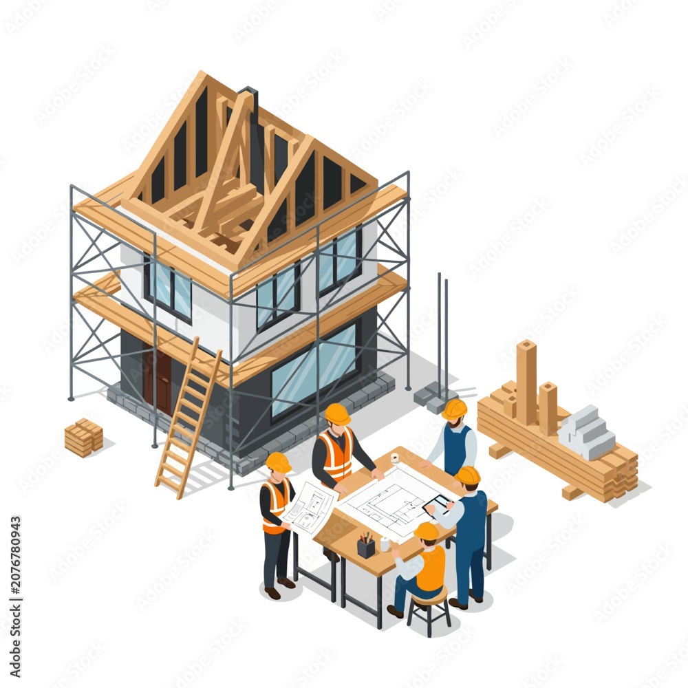 Obraz premium Construction site with workers and building framework.